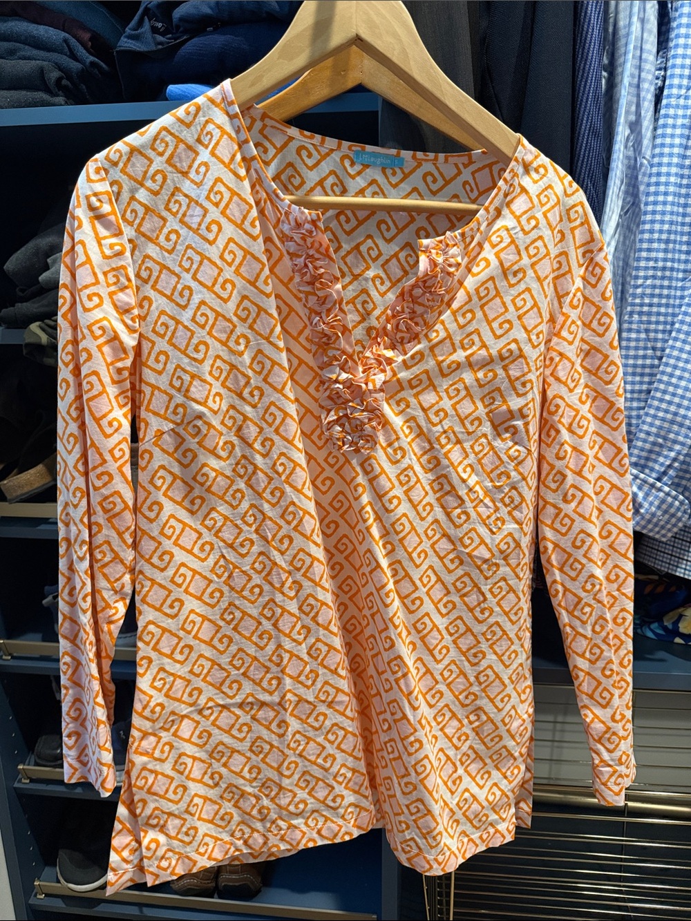Ruffled V-Neck Long Sleeve Top in Orange Geometric Print